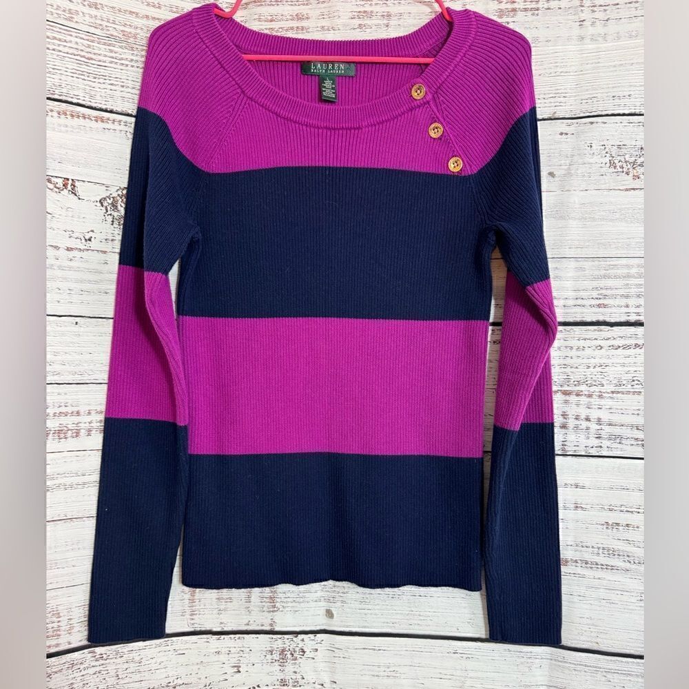 Lauren Ralph Lauren Sweater Womens Sz L Scoop Neck Buttons Striped Cotton Blend